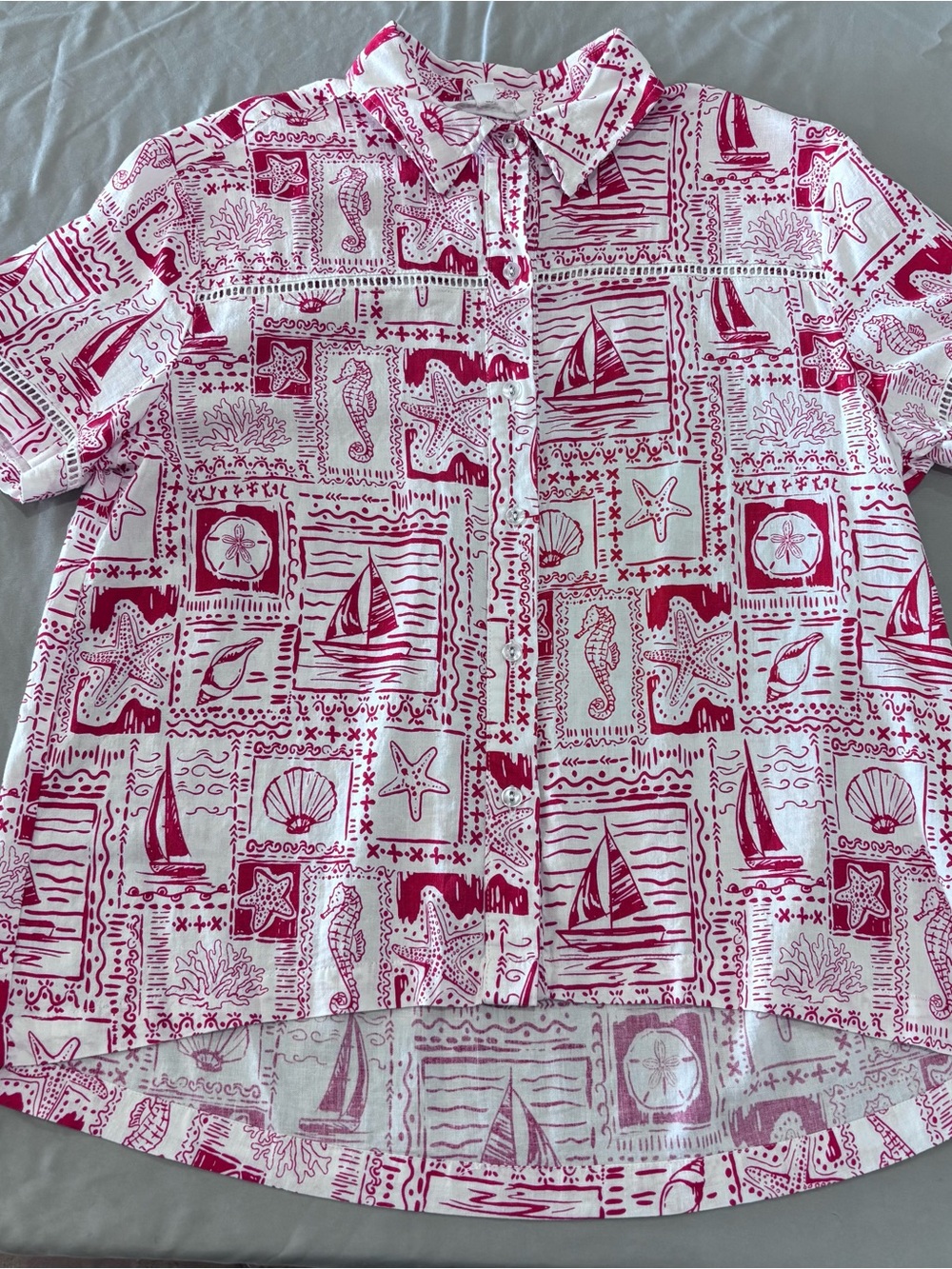 Jane + Delancey Womens M Linen Blend Nautical Coastal Shirt Sailboat Beach Red